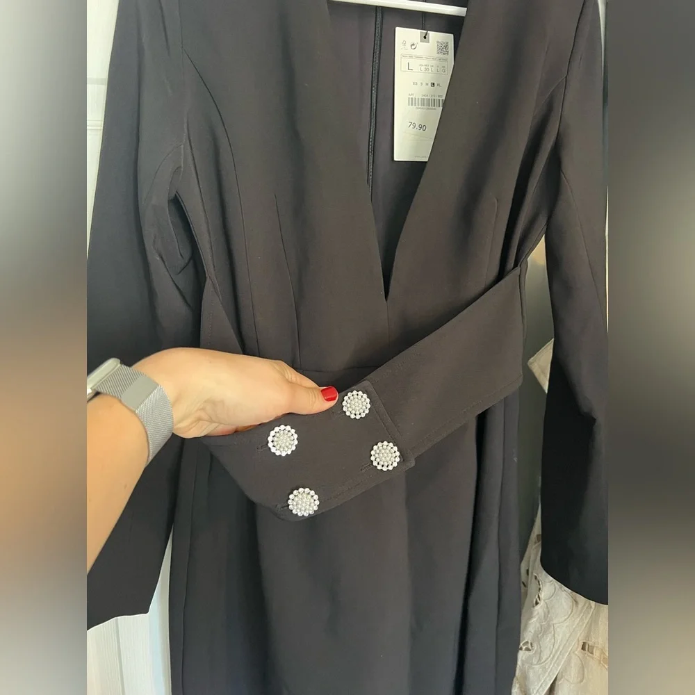 Zara Black Long-Sleeve V-Neck Belted Mini Dress with Button Detail
